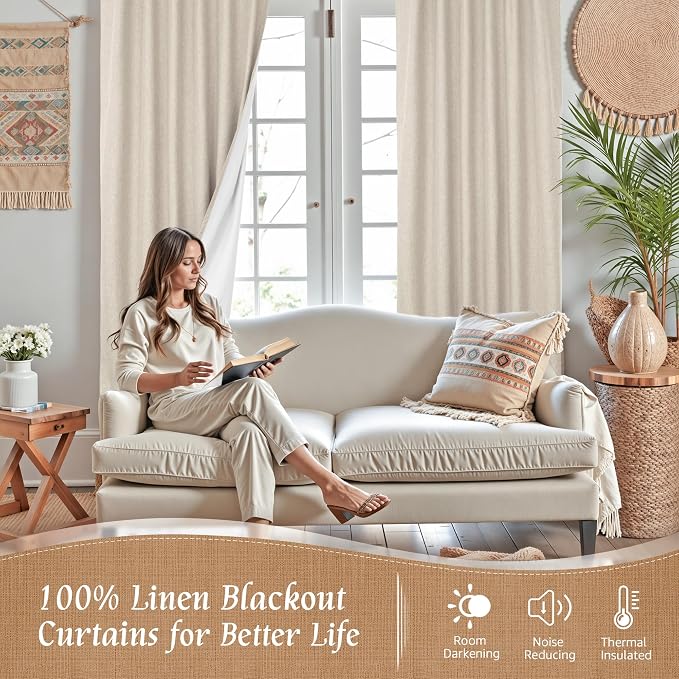 Oatmeal Full Blackout Linen Window Curtains 48 Inches - Image 2