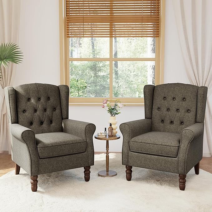 Lumibee High Back Accent Chair Set of 2,Upholstered Wingback Armchair with Solid Wood Legs for Small Spaces,Comfy Single Sofa Chair for Living Room,Bedroom,Office-Taupe