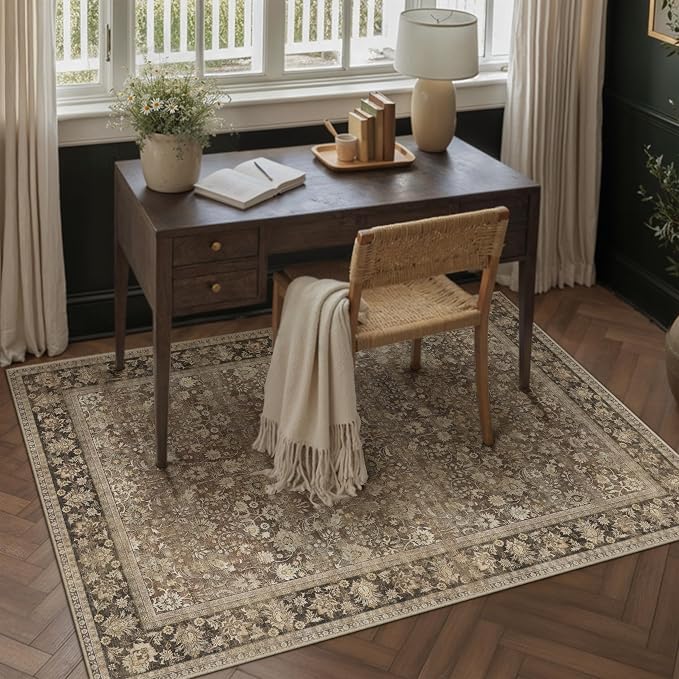 4x6 Brown Vintage Floral Washable Area Rug by HUGEAR