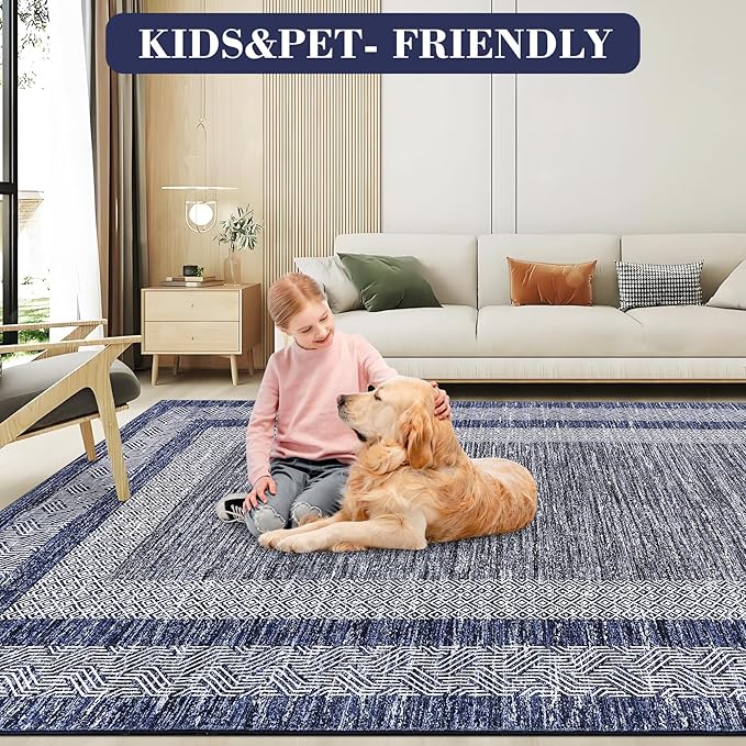 GarveeHome 9x12 Large Modern Navy Blue Area Rug Distressed Bordered Soft Non - Image 5