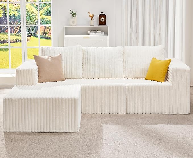 Hobestluk Modular Sectional Sofa Memory Foam Couch Oversized Sectional Sofa 3-Seater with Chaise Cloud Couch with Removable Cover L Shape Sofa for Living Room (Strip White, 3-Seater with Chaise)