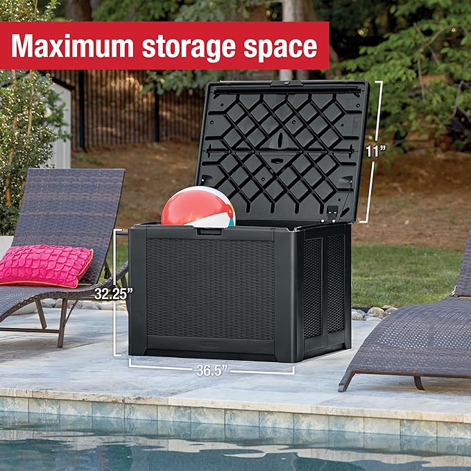 Rubbermaid Medium Resin Outdoor Storage Deck Box (74 Gal), Weather Resistant, Black, Deck Organization for Home/Backyard/Pool Chemicals/Toys/Garden Tools/Porch/Patio Cushions