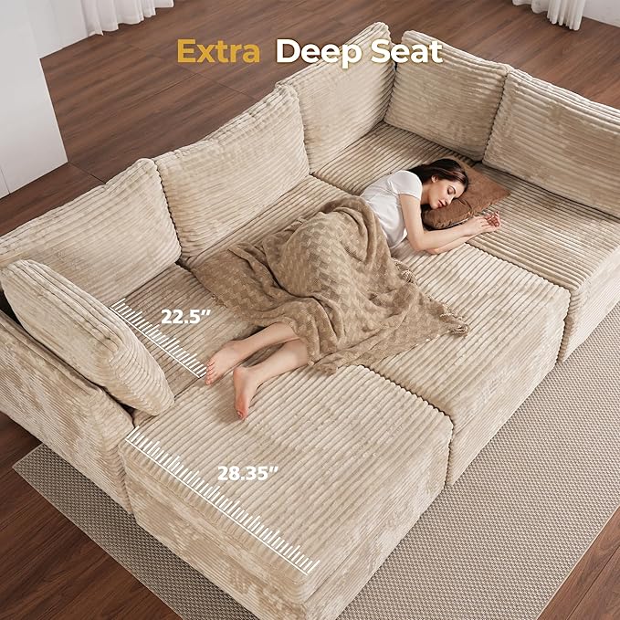 HOOOWOOO Modular Sectional Sofa,6 Pieces Sectional Couches for Living Room,98X98 L Shaped Cloud Couch with Ottoman Chaise Set(Beige Velvet Corduroy)