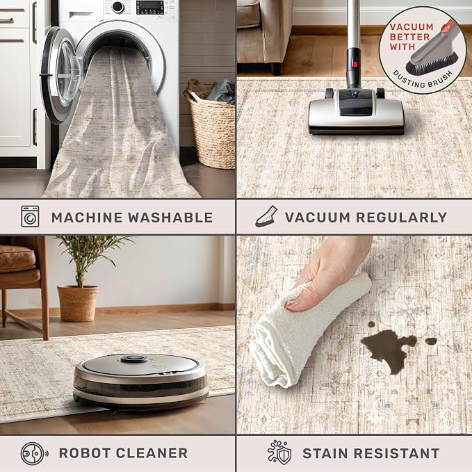 Long Ivory Farmhouse Hallway 2'6''x8' Runner Rug, Washable Non Slip Runner - Image 3