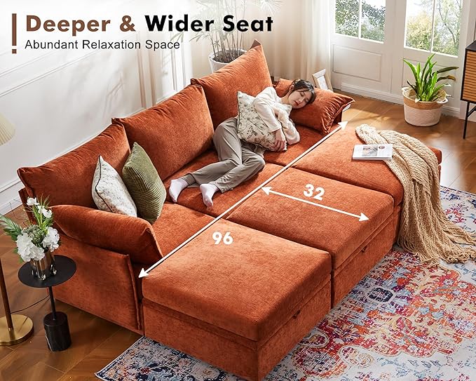 102.6" Modular Sectional Sofa, Oversized 3-Seater Terracotta Orange Couch with Removable Chenille Fabric Cover, Deep Seat & High Backrest for Living Room, Office & Apartment