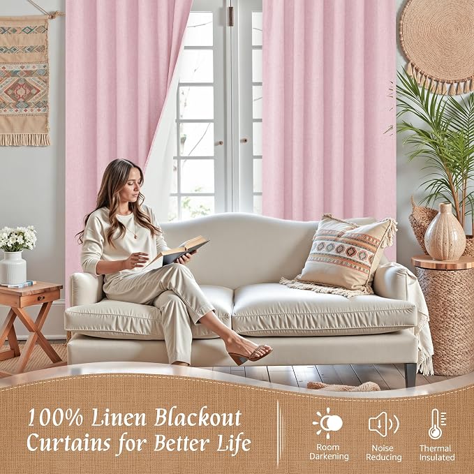 Pink 100% Blackout Linen Living Room Curtains 84 Inch 2 Panels | Privacy - Image 2
