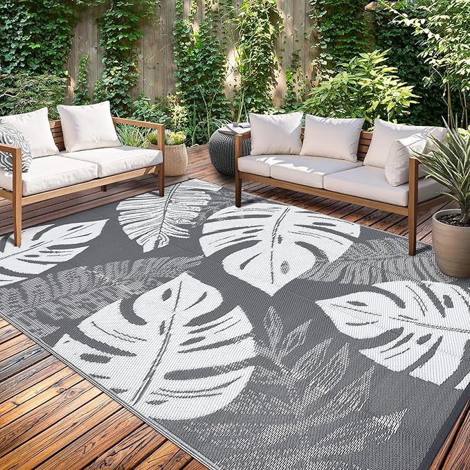 GAOMON Waterproof Outdoor Rug 8x10 Reversible Outdoor Plastic Straw Rug Modern Patio Carpet, Foldable Lightweight RV Camping Mat with Portable Bag & 4 Stakes, UV Resistant & Sturdy for Picnic, Grey