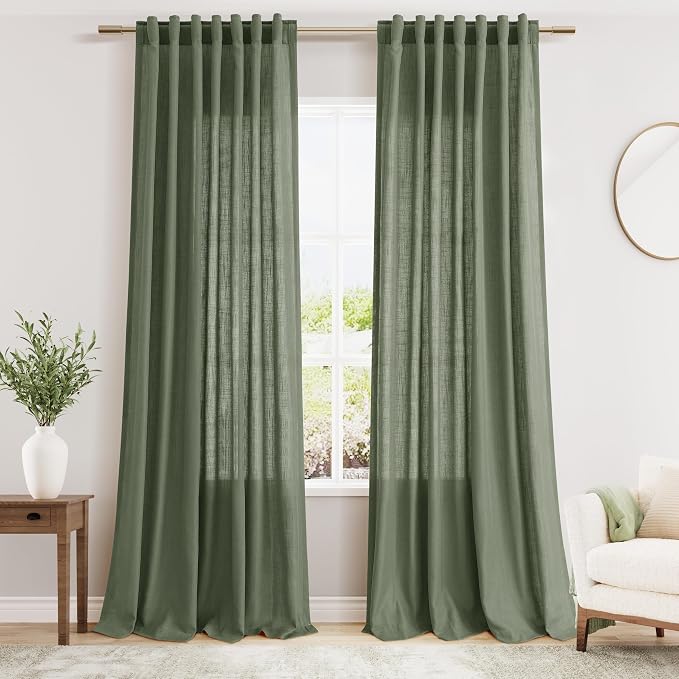 Olive Green Linen Curtains for Living Room 2 Panels Set 100 Inch Length Back by Nanspring
