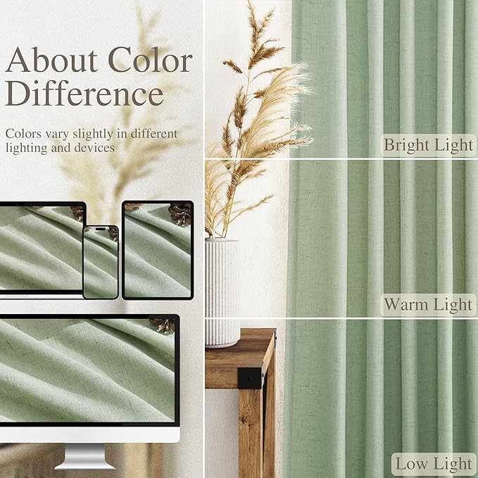 Mist Sage Linen Curtains 102 Inches Long Rod Pocket Back Tab Drapes 2 Panels Set - Image 3