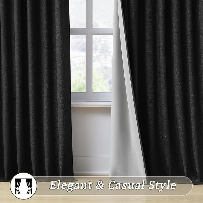 RAIN CITY Black Blackout Curtains 100 Inches Long, Custom Made Textured Linen Black Out Pleated Look Curtains with Hooks Window Drapes for Bedroom Living Room-50x100-inch 2 Panels Set