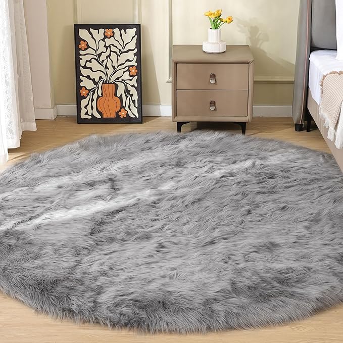 ORINOVA Silver Grey Washable Shaggy Round Rugs 6.6ft Large Faux Sheepskin Fur by ORINOVA