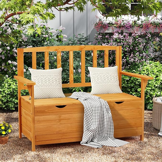AVAWING Outdoor Storage Bench, Wooden Garden Bench Weatherproof, Patio Benches for Outside, 2-Seat Front Porch Bench, Park Bench for Deck, Lawn, Backyard (Yellow)