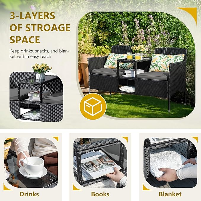 Flamaker Outdoor Furniture Patio Loveseat Wicker 2-Seat with Built-in Table and Cushions Rattan Porch Chairs Bench for Balcony, Lawn, Backyard (Grey)