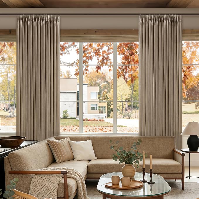 96 Inches Pleated Linen Tan Latte Memory Train Semi Sheer Curtains 2 Panels | - Image 7