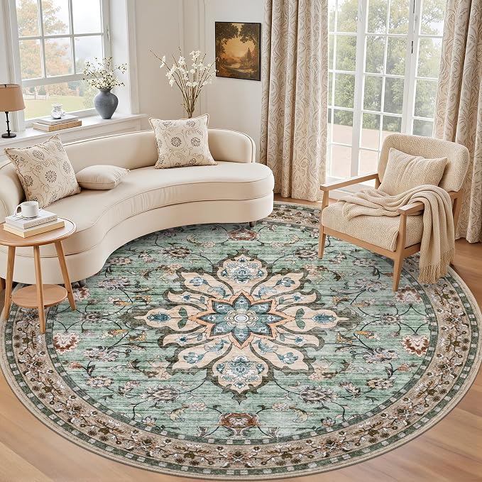 Round Area Rug for Living Room: 6ft Boho Washable Rug Brown Green | Vintage by EXPEDIX
