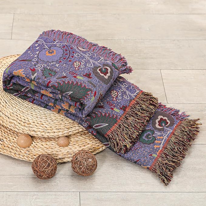 Boho Fall Throw Blanket for Bed Purple Flowers，100% Ultra Cotton Soft Breathable Bed Throw Floral Printed Farmhouse Decor Rustic Bed Throws for Couch Sofa Quilt 80" x 90"