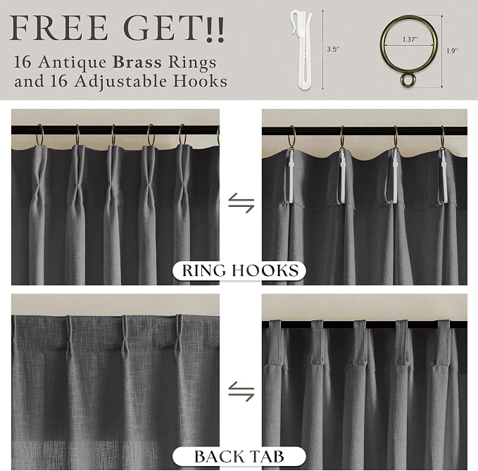 Grey Pinch Pleated Linen Light Filtering Sheer Curtains 86 Inches Length | Grey - Image 5
