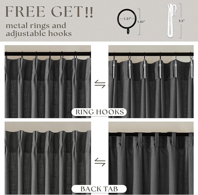 Dark Gray Linen Pinch Pleated Light Filter Curtains 102 Inches Long 2 Panels - Image 5