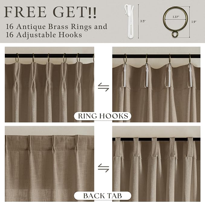 Latte Pinch Pleat Light Filter Thick Linen Semi Sheer Curtains 80 Inch Long | - Image 2