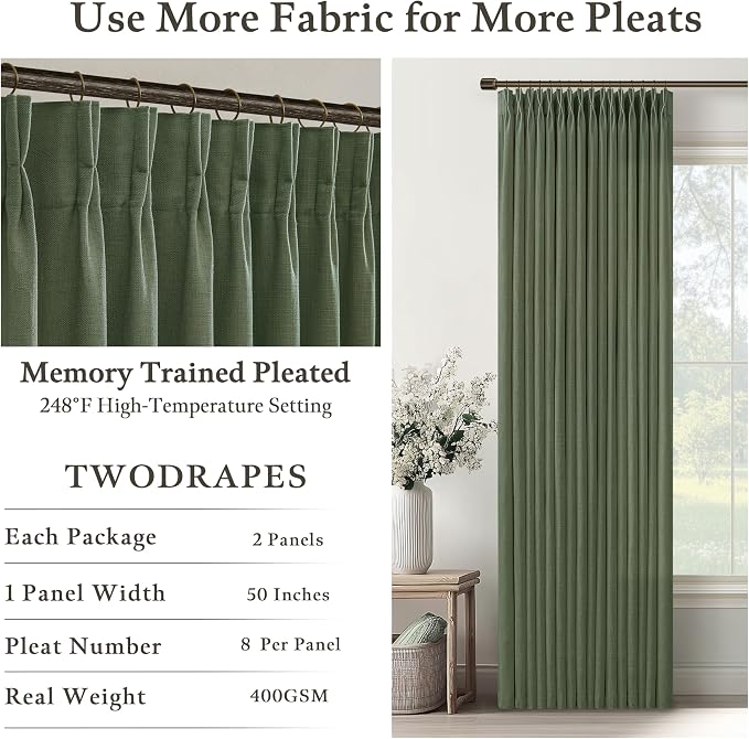 Dark Green Semi Sheer Privacy Linen Pinch Pleated Curtains 108 Inch Long | - Image 4