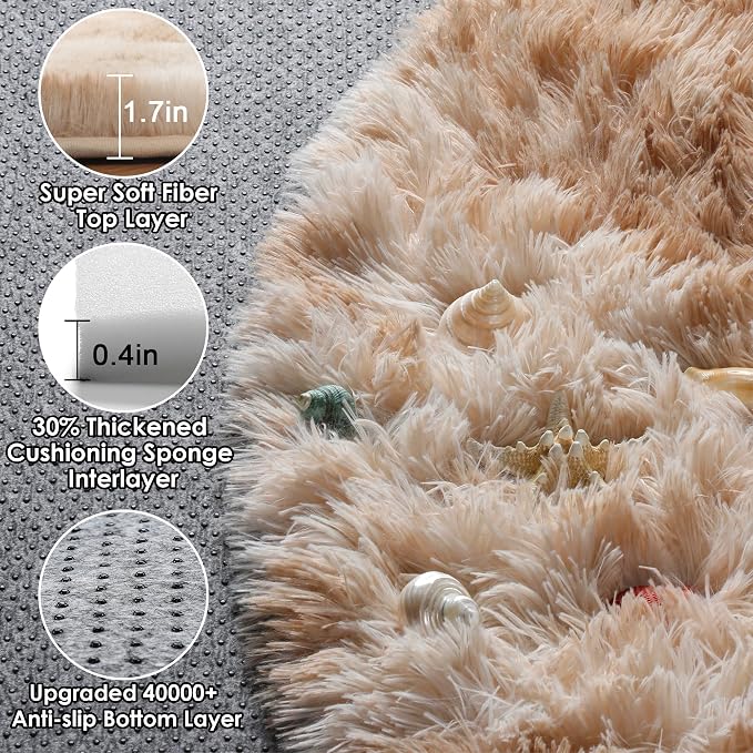 Round Rugs 6ft for Living Room Bedroom, Tie-Dye Beige Fluffy Circle Area Rug - Image 2