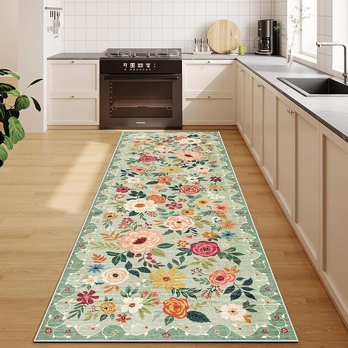 DUKINO 2x10 Runner Rug, Floral Washable Kitchen Runner Rug Non Slip, Low Pile by DUKINO