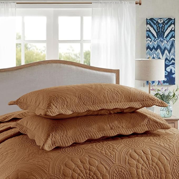 MarCielo 3-Piece 100% Cotton Oversized Bedspread Lightweight Quilt Coverlet Embroidery Farmhouse Bedding Set (Tf Dusty Orange, Oversized Queen (100"x106"))