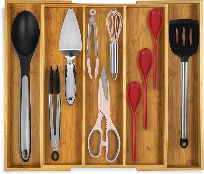Purawood Kitchen Drawer Organizer, 2 Pack - Expandable Utensil Drawer Organizer for Kitchen, Cutlery Tray & Silverware Organizer, 3-5 Slots - Bamboo Organizer for Utensils & Flatware (Natural)