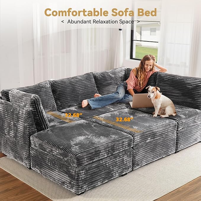Modular Sectional Sofa with Chaise U Shaped Sectional Couch for Living Room, 5-Seater Comfy Cloud Couches with One Movable Ottoman, Plush Corduroy, Gray