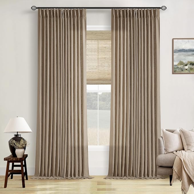 Light Filtering Flax Linen Pleat Living Room Curtains Latte 108 Inch Length | - Image 6