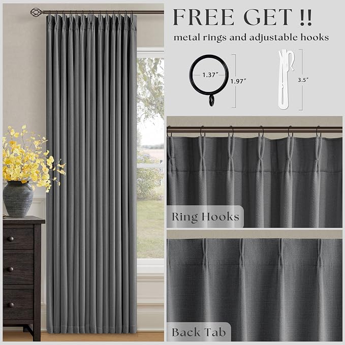Charcoal Grey Pleated Thick Linen Blackout Curtains 120 Inches Long - Image 5