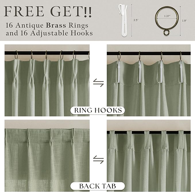 Pleated Memory Shaped Sage Green Linen Semi Sheer Curtains 50 by 80 Inch | - Image 5