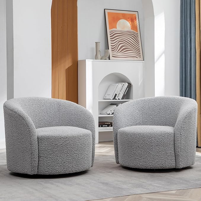 KINWELL 34" W Swivel Barrel Chair Set of 2, Mid Century Modern Round Upholstered Boucle Swivel Accent Chairs, No Assembly Sofa Chair for Living Room Bedroom Reading, Black White