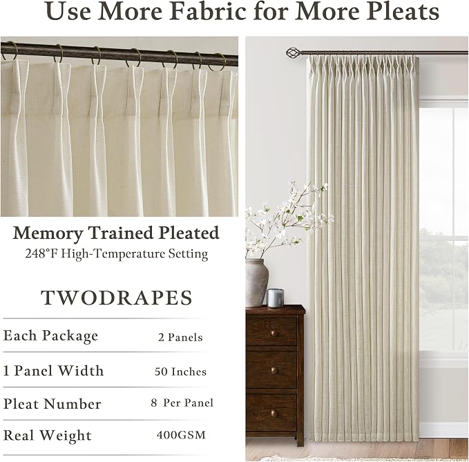 Thick Linen 86 Inches Long Semi Sheer Beige Pinch Pleated Curtains 2 Panels | - Image 6