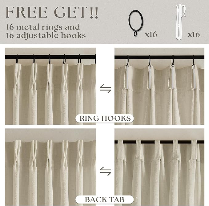 Beige Linen Curtains 96 Inches Long Pinch Pleated 2 Panels Set | Memory - Image 5