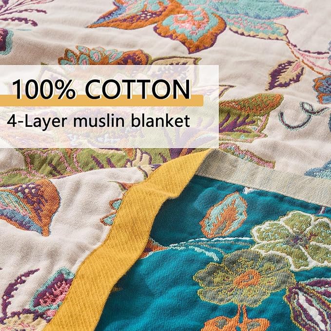 Boho Throw Blanket for Bed Couch 100% Cotton Woven Bed Throws for Summer, Lightweight and Soft Cozy Farmhouse Reversible Muslin Decorative Blanket for Travel Picnic, Teal/Cream, 80"x90"