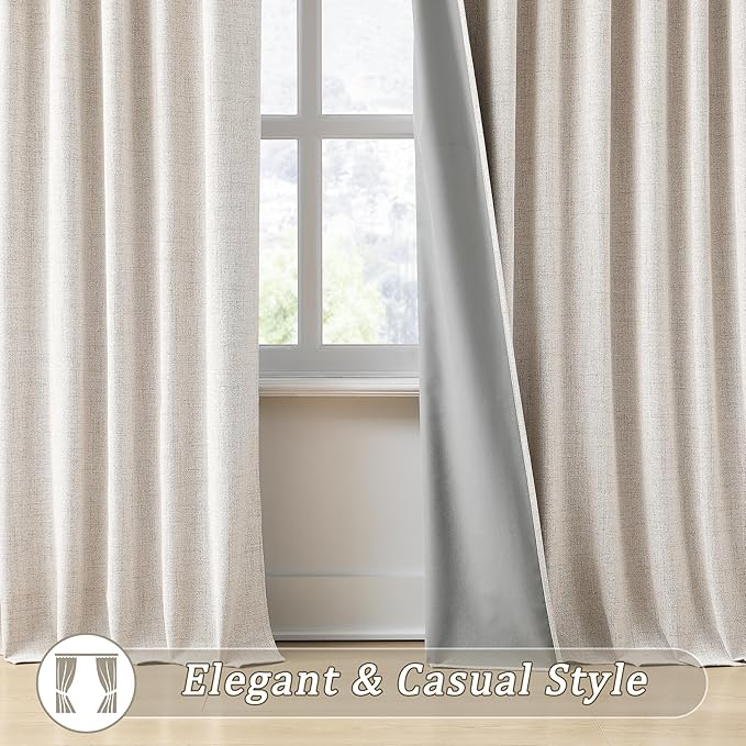RAIN CITY Linen Blackout Curtains 108 in Long 2 Panels,Total 100 in Wide Elegant Sunroom Completely Shaded Drapes for Sliding Door Back Tab Pleated Heading Tape with Hooks, Beige 50x108