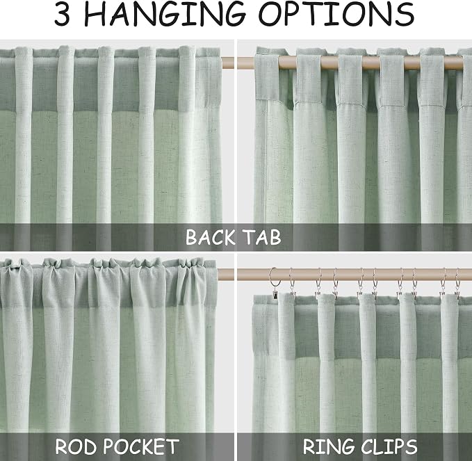 Nanspring Aqua Green Linen Curtains 102 Inches Long Rod Pocket Back Tab Drapes - Image 2
