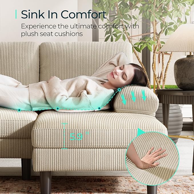 LINSY HOME Sectional Couch, 111'' W Corduroy U Shaped Sofa with Sleepable Armrests, 4 Seat Couch with Double Chaises, Deep Seat Sofa for Living Room, Beige