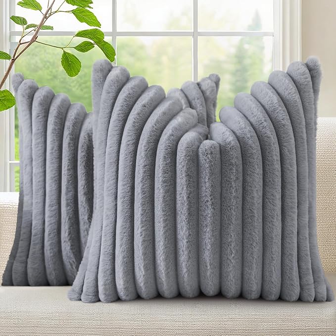 decorUhome Fall Faux Fur Throw Pillow Covers 26x26 Set of 2 Grey | Decorative by decorUhome
