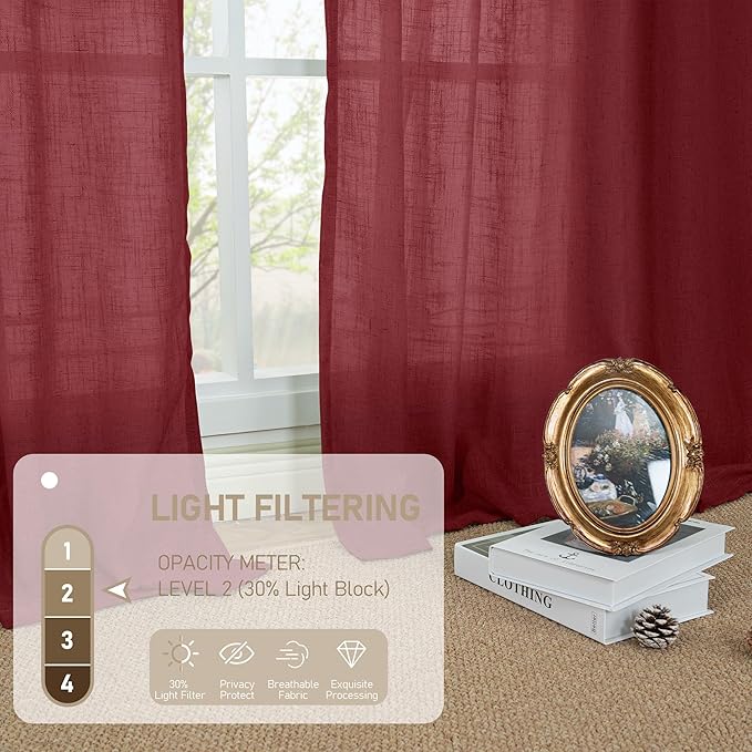 Burgundy Red Semi Sheer Linen Curtains 84 inch Light Filtering Panels | Light - Image 4