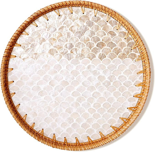 Round Rattan Tray with Mother of Pearl Inlay & Wooden Base - Decorative Wicker Serving Tray for Coffee/Bread/Fruits, Food Storage & Display - Multipurpose Home Decor (M,Fish Scales)