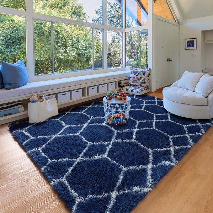 8x10 Area Rugs for Living Room, Fluffy Navy and White Rug for Boys Bedroom | - Image 8