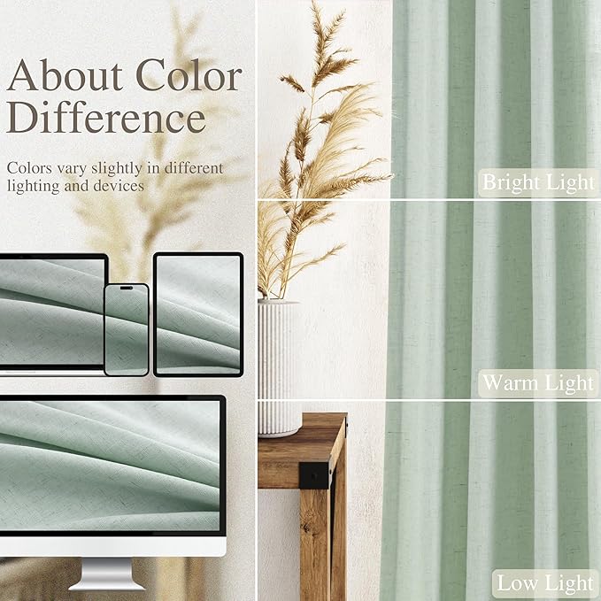 Aqua Green Linen Curtains 102 Inches Long Rod Pocket Back Tab Drapes 2 Panels - Image 3