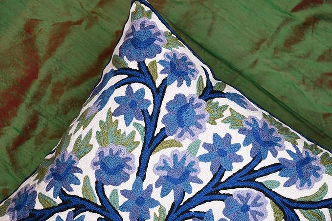Blue Tree of Life Pillow Cover Indigo Plant Floral Pillowcase Needlepoint Botanical Flower Suzani Cushions Traditional Boho Modern Floral Cushion Wool Size - 18x18