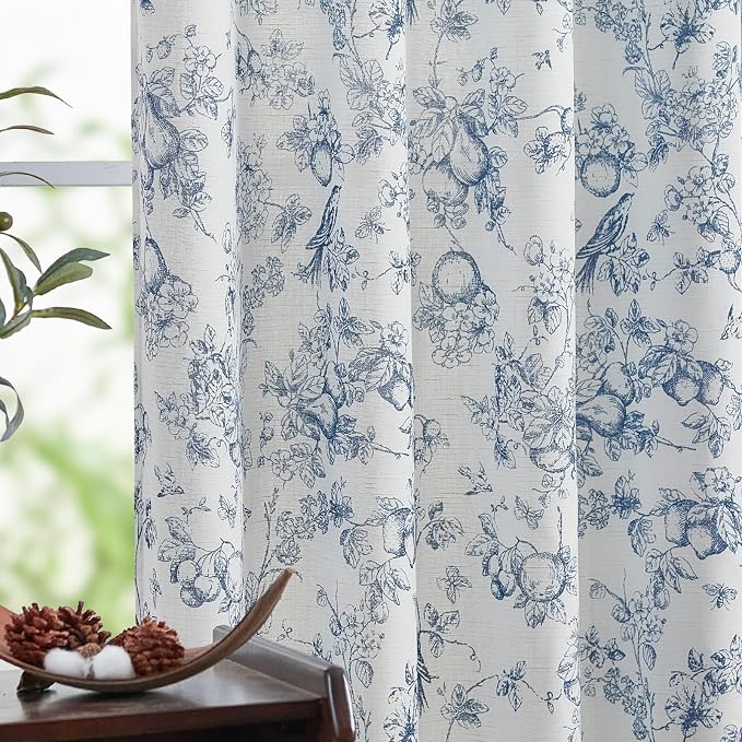 jinchan Linen Floral Curtains for Living Room 84 Inch Length Blue Printed by JINCHAN