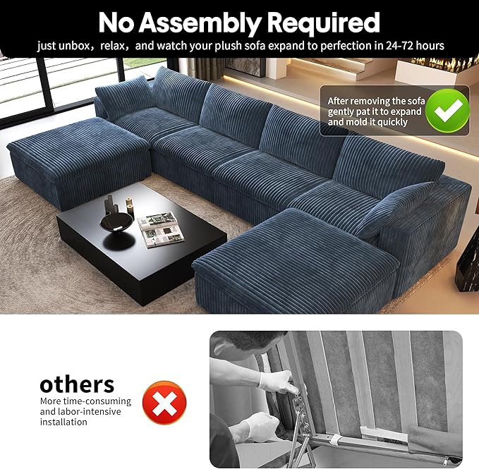 157.5" U Shaped Modern Sofa Modular Sectional Cloud Couch with 2 Ottoman,Deep Seat Upholstered Couches with Corduroy Fabric for Living Room Furniture,Bedroom and Apartment,No Assembly Required,Blue