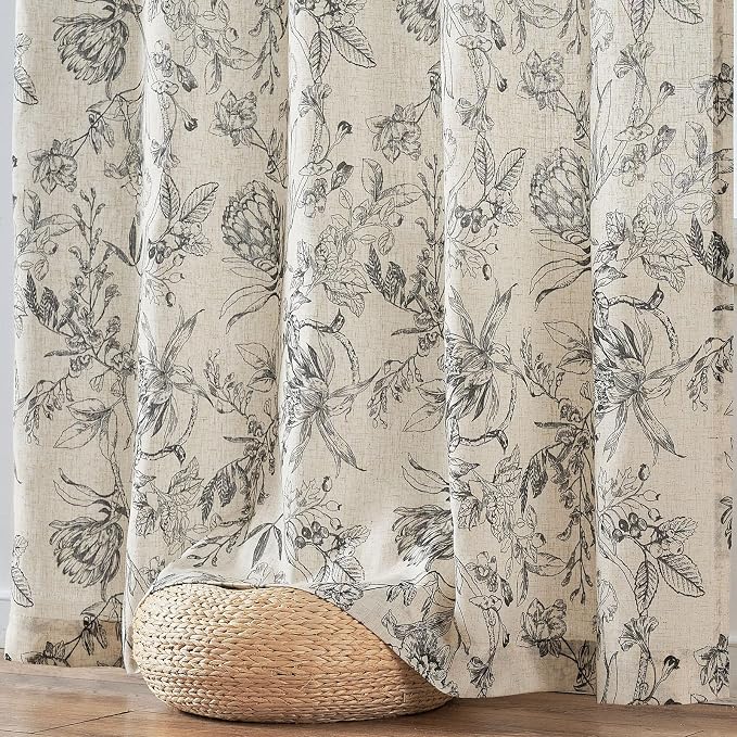 jinchan Floral Curtains 96 Inches Long Black Flower Linen Farmhouse Curtain - Image 7