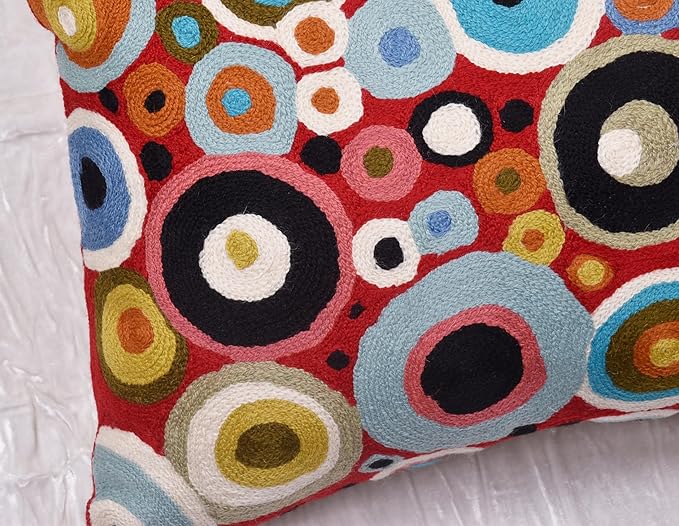 Red Polka Dots Pillow Cover | Reds Contemporary Pillows | Farmhouse Chair Cushion | Modern Outdoor Pillows | Red Throw Chair Pillow | Hand Embroidered Cushions Wool Size - 18x18