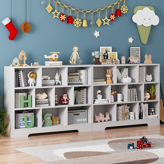 Book Shelf Set of 2, 10 Cubes Storage Organizer, 3-Tier Open Bookshelf Wooden Bookcase, Freestanding White Bookshelf Cube Shelf for Living Room